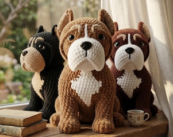 Patrón de ganchillo para perro, juguete de ganchillo para perro Pitbull, peluche de cachorro marrón en PDF, lindo patrón de cachorro hecho a mano