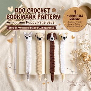 Dog Crochet Bookmark Pattern Bundle PDF, Puppy Page Saver Tutorial, Shiba Husky Pug Bernese DIY Gift