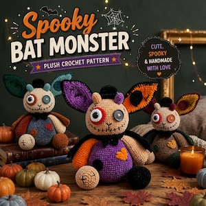 May include: Three handmade crochet bat monster plush toys with mismatched button eyes, stitched mouths, and small black hats. The text reads Spooky Bat Monster Plush Crochet Pattern and Cute, Spooky & Handmade With Love, surrounded by pumpkins.