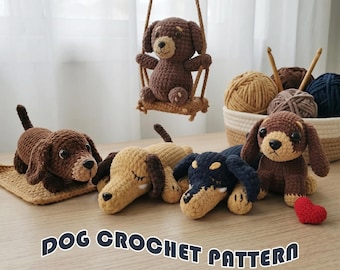 Paquete de patrones de crochet de perro salchicha 4 en 1, set de amigurumi de perro en PDF, patrón de crochet fácil para principiantes, colección de adorables animales de crochet.