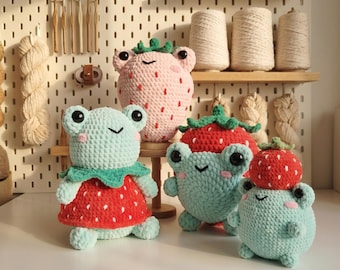 Patrón de rana de fresa a crochet, vestido de rana, sombrero, fresa blanca, PDF, conjunto de peluche amigurumi
