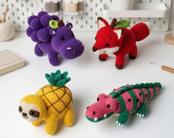 Bundel 4-in-1 dieren fruit haakpatronen pdf, ananasluiaard, druif nijlpaard, appelvos, watermeloenkrokodil, amigurumi-dieren