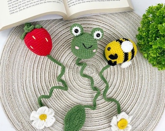 Crochet Bookmark Patterns – Bee, Frog, Strawberry (PDF)