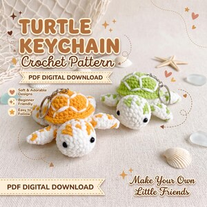 Wzór na szydełkowy brelok z żółwiem w formacie PDF, samouczek na wykonanie uroczego żółwia morskiego amigurumi, miniaturowy pluszowy brelok do torebki DIY