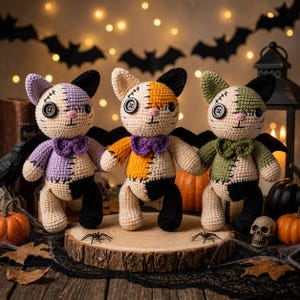May include: Three handmade crochet cat dolls featuring patchwork designs in lavender, orange, and olive green. Each cat has black button eyes, a small pink nose, a stitched mouth, and a bow tie. They have black bat wings and stitched details.