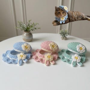 Patrón de ganchillo en PDF para un conjunto de gatito, tutorial para boina azul y collar de flores para gato, regalo DIY para un lindo accesorio para mascotas