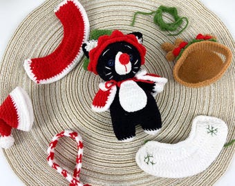 Virkmönster för julkläder med smokingkatt – Amigurumi PDF-handledning