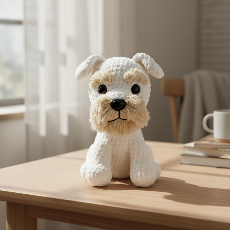 Pu&ograve; includere: Un cane all'uncinetto bianco fatto a mano con barba e sopracciglia color beige. Il cane ha occhi neri e naso nero. &Egrave; seduto su un tavolo di legno. &Egrave; un peluche.