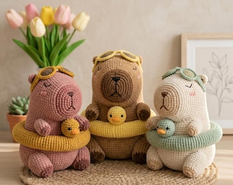 Patrón de ganchillo de capibara, tutorial de amigurumi de capibara de verano con flotador de pato, lindo regalo de peluche hecho a mano