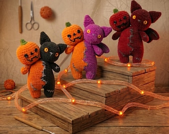Haakpatroon tweekoppige knuffeldier pdf, pompoen en vleermuis amigurumi halloween pluche, haaktutorial leuke halloween, digitale download