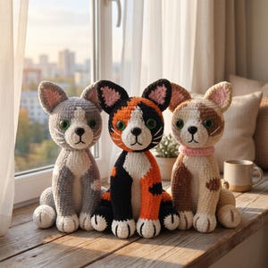 May include: Three crochet cat dolls sit on a wooden windowsill. The cats have large, round green eyes and are in various colours: grey and white, black, orange, and white, and brown and white. One cat wears a pink collar.
