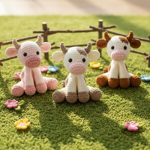 Puede incluir: Tres figuras de vaca de ganchillo hechas a mano en rosa, blanco y marrón, sentadas sobre una superficie verde con pequeñas flores y una valla de madera en el fondo. Las vacas tienen cuernos, orejas y narices rosas.