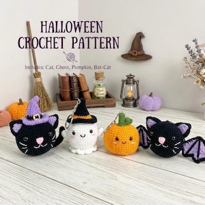 Halloween Crochet Pattern Bundle PDF, Cat Ghost Pumpkin Bat Cat Amigurumi Keychain, Spooky Cute DIY Gift