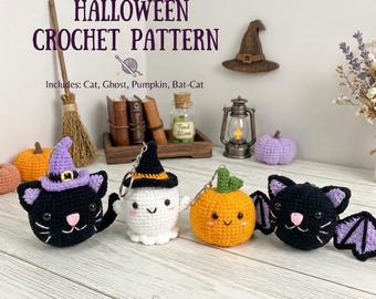 Halloween Crochet Pattern Bundle PDF, Cat Ghost Pumpkin Bat Cat Amigurumi Keychain, Spooky Cute DIY Gift