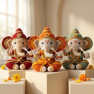 May include: Three crochet elephant figurines in red, orange, and green. Each figurine is in a seated pose with hands raised, wearing a crown and jewelry. The figurines are on white platforms with yellow flower accents.