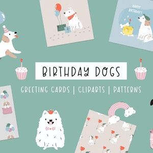 Illustrazioni vettoriali di cani di compleanno, Clipart di cani carini, Biglietti di anniversario di cani, Amante dei cani, Tema di compleanno di cani, Modello di cani, buon compleanno cane