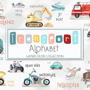 Aquarel vervoer alfabet print, voertuigen ABC print, jongen speelkamer kunst aan de muur, decor jongen kinderkamer, klas prints, leren kaarten