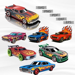 Może przedstawiać: Kolekcja siedmiu stylizowanych samochodów wyścigowych z kreskówek w różnych kolorach, w tym czerwonym, niebieskim, zielonym i żółtym. Każdy samochód ma grafikę płomieni i jest przeznaczony do użytku cyfrowego, z etykietami typów plików, takimi jak SVG i PNG.