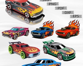Può includere: Una collezione di sette auto da corsa stilizzate a cartoni animati in vari colori, tra cui rosso, blu, verde e giallo. Ogni auto presenta grafiche a fiamma ed è progettata per l'uso digitale, con etichette di tipo di file come SVG e PNG.