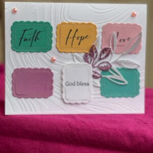 Carte de voeux chrétienne Faith Hope Love - Carte religieuse faite main avec motif floral, carte d'encouragement inspirante, carte de versets de la Bible