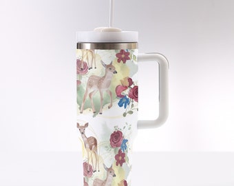 Fawn & Floral 40 oz Tumbler With Handle, Insulated Stainless Steel