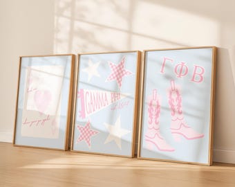 Impressões digitais da Gamma Phi Beta | Pôsteres da Gphi | Arte de parede estilo fraternidade preppy | Presente para irmã mais velha | Rosa e azul | Conjunto com 3 | Download instantâneo