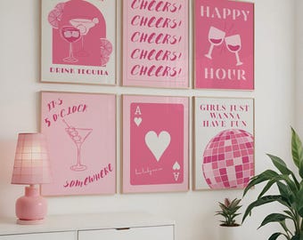 Impresiones digitales de cócteles de moda / Pósteres de carrito de bar / Arte mural (juego de 6) / Decoración de dormitorio / Decoración de apartamento / Rosa / Descarga instantánea