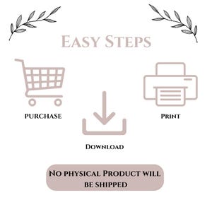 Op de afbeelding: Een digitale downloadafbeelding met instructies over hoe je een digitaal product kunt kopen, downloaden en afdrukken. De tekst luidt "Easy Steps" en "No Physical Product Will Be Shipped".