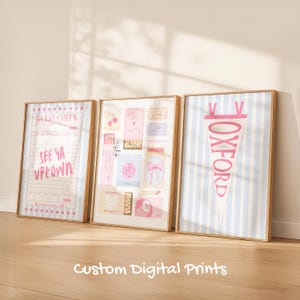 May include: Three framed digital prints with a light wood finish. The prints feature a guest check, a collage of pink and beige images, and a pennant with "OXFORD" in pink. The background is a light blue and white striped pattern.