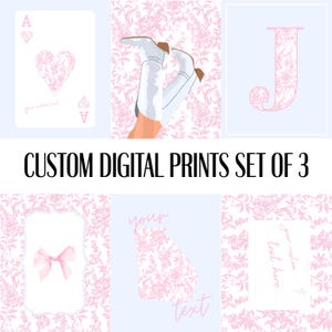 May include: A set of three custom digital prints. The prints feature a playing card, a pair of white cowboy boots, and the letter "J". Each design has a pink floral pattern on a light blue background. The text "CUSTOM DIGITAL PRINTS SET OF 3" is displayed.