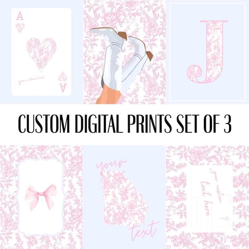 May include: A set of three custom digital prints. The prints feature a playing card, a pair of white cowboy boots, and the letter "J". Each design has a pink floral pattern on a light blue background. The text "CUSTOM DIGITAL PRINTS SET OF 3" is displayed.