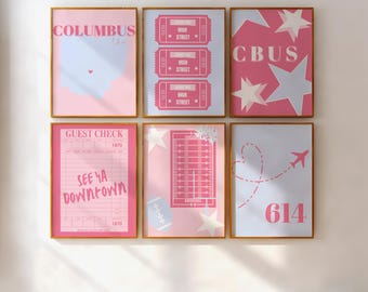 Digitale afdrukken Columbus, Ohio | Columbus-afdrukken | Preppy CBUS-posters | Preppy College-muurkunst | Roze en blauw | Set van 6 | Direct downloaden