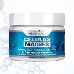 May include: A white jar with a blue label featuring the text "CÉLULAS MADRES" and "Inflammation Formula." The label also includes "Net Wt 4 fl oz / 120 ml." The product is from Organic Vitamins.