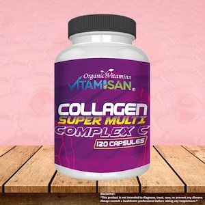 May include: A white supplement bottle with a black cap, featuring a purple label with the text "COLLAGEN SUPER MULTI COMPLEX C" and "120 CAPSULES". The brand name "Organic Vitamins" is also visible.