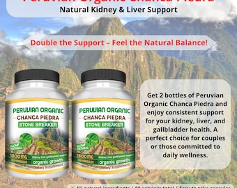 May include: Two bottles of Peruvian Organic Chanca Piedra dietary supplement. Each bottle has a white label with green and yellow text, and a black cap. The text includes "Stone Breaker" and "1800mg". The background features a mountain landscape.