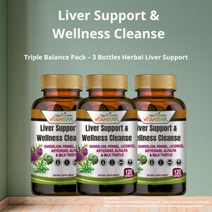 May include: Three amber-colored supplement bottles with gold lids are displayed. Each bottle features a label with the text "Liver Support & Wellness Cleanse" and botanical illustrations. The bottles contain 120 capsules each.