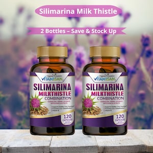 May include: Two bottles of Silimarina Milk Thistle Combination dietary supplement. Each bottle has a gold cap and a label with purple, white, and green text. The label includes the text "120 Capsules" and "Supports Healthy Liver Function".