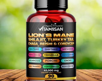 Lion’s Mane & Mushroom Complex with Shilajit 90 Capsules, Organic Blend with Reishi, Chaga, Cordyceps