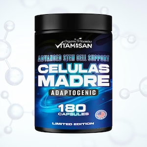 May include: A black supplement bottle with a black lid. The label reads "VITAMISAN" and "ADVANCED STEM CELL SUPPORT CELULAS MADRE ADAPTOGENIC 180 CAPSULES LIMITED EDITION". The bottle has a blue and white design.