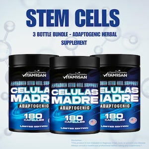 May include: Three black supplement bottles with blue and white labels. The labels read "Advanced Stem Cell Support" and "180 Capsules." The text "STEM CELLS" is at the top. The bottles are part of a 3-bottle bundle.