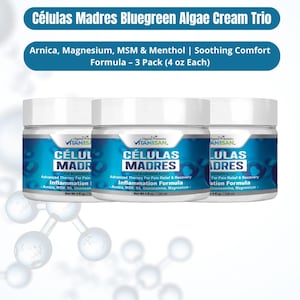 May include: Three jars of Células Madres Bluegreen Algae Cream Trio. Each jar has a white lid and a blue label with text including "Advanced Therapy For Pain Inflammation Formula". Each jar contains 4 fl oz of product.