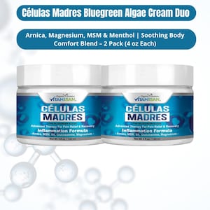 May include: Two jars of Células Madres Bluegreen Algae Cream Duo. Each jar has a white lid and a blue label with text that includes "Advanced Therapy For Pain Relief & Recovery Inflammation Formula". Each jar contains 4 fl oz.