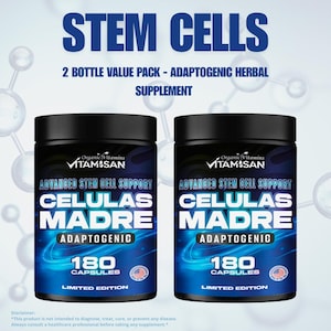 May include: Two black supplement bottles with blue and white labels. The labels read "STEM CELLS," "ADVANCED STEM CELL SUPPORT," and "CELULAS MADRE." Each bottle contains 180 capsules and is a limited edition.