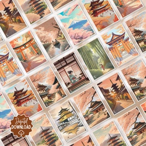 Cartão postal estético do Japão (conjunto de 12) Ilustrações do Monte Fuji, Portões Tori, Floresta de Bambu, Cerimônia do Chá, Santuários e Flor de Cerejeira no Japão