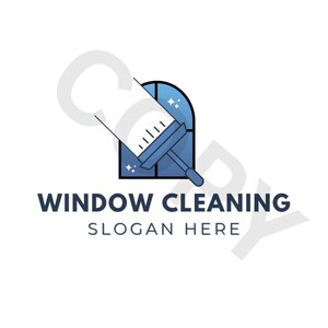 Op de afbeelding: Logo voor een glazenwassersbedrijf. Het ontwerp toont een blauw raam dat wordt schoongemaakt met een raamtrekker. De woorden "WINDOW CLEANING" en "SLOGAN HERE" zijn in donkerblauwe letters geschreven.