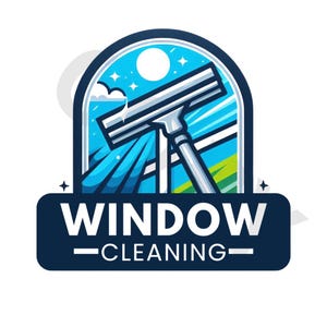 Puede incluir: Logotipo de un servicio de limpieza de ventanas. El diseño presenta una escobilla de limpieza de ventanas azul y blanca sobre un fondo de cielo azul con estrellas y un campo verde. Las palabras "WINDOW CLEANING" se muestran en texto blanco sobre una pancarta azul oscuro.