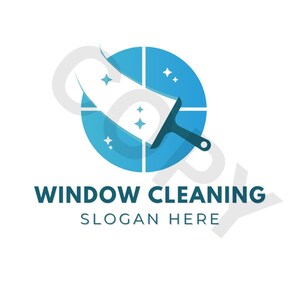 May include: A blue and white logo for a window cleaning service. The logo features a stylised squeegee and a window pane with sparkling stars. The text "WINDOW CLEANING" and "SLOGAN HERE" is below the logo.