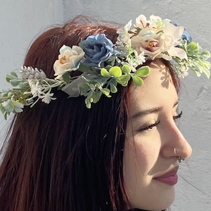 Blue Flower Crown | Handmade Pastel Floral Headpiece with Greenery | Boho Wedding or Festival Hair Wreath