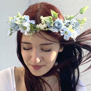 Blue Flower Crown | Handmade Pastel Floral Headpiece with Greenery | Boho Wedding or Festival Hair Wreath