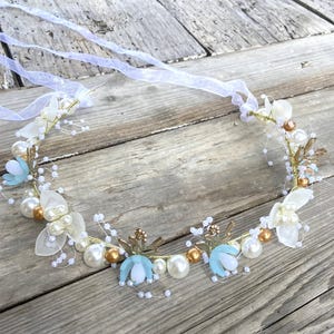 Blue Flower & Pearl Fairy Crown | Handmade Ribbon Tie Headpiece with Butterflies | Whimsical Girl’s Floral Halo